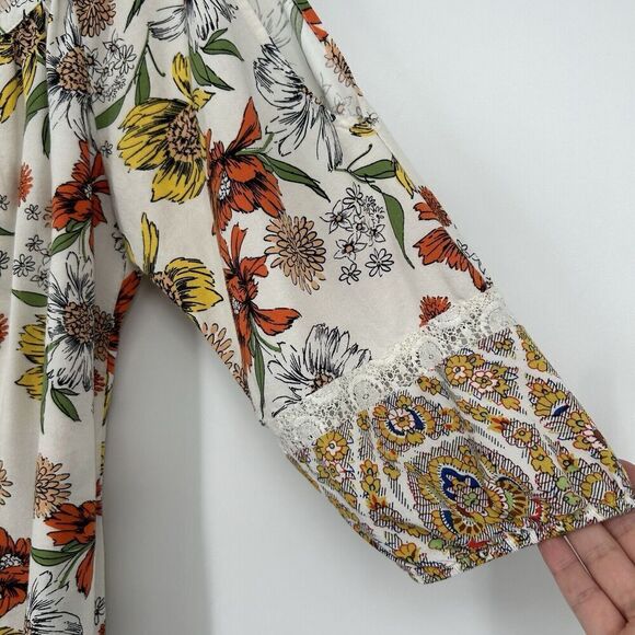 Fig & Flower Boho Peasant Top White Lace Long Slit Balloon Sleeves Yellow Size M - Picture 4 of 10